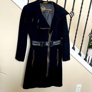 Mackage zipper down wool coat. Asymmetrical stand collar with belt.